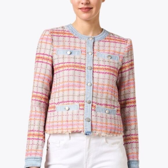 NWT Ecru Women's Textured Tweed and Denim Jacket Pink‎ Multi Fringe Blazer XS - Picture 1 of 13
